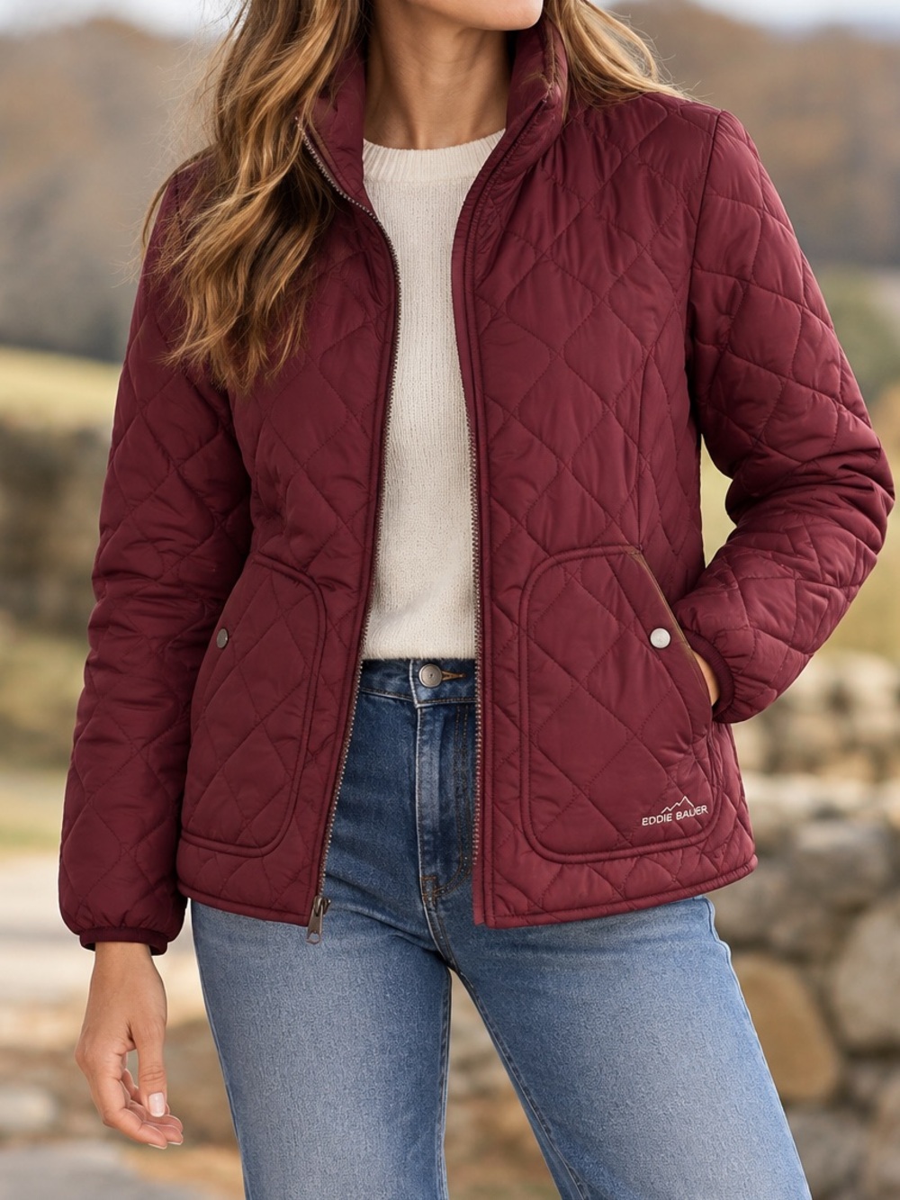 Eddie Bauer Women's Quilted Puffer Field Jacket Burgundy Lightweight Large